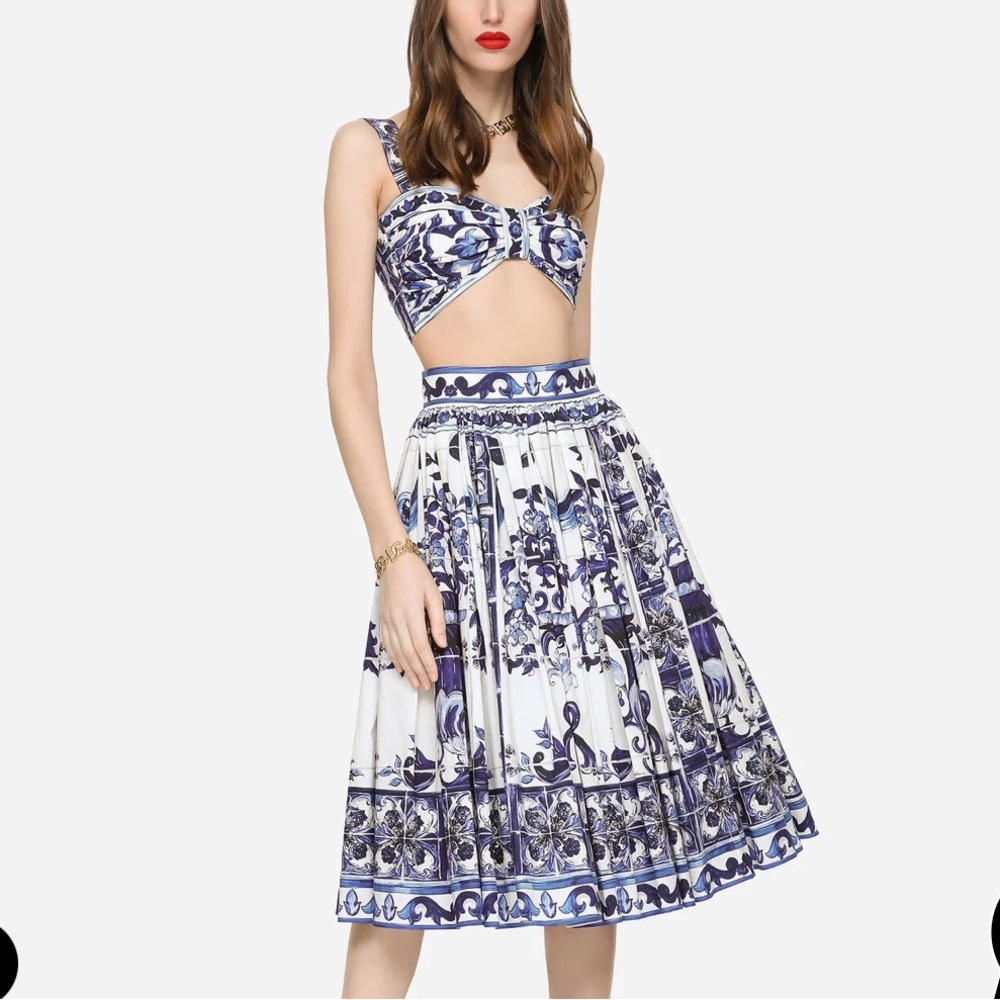 Dolce Gabbana Skirt + Crop Top Set Majolica Print & Pleated Poplin Midi Skirt